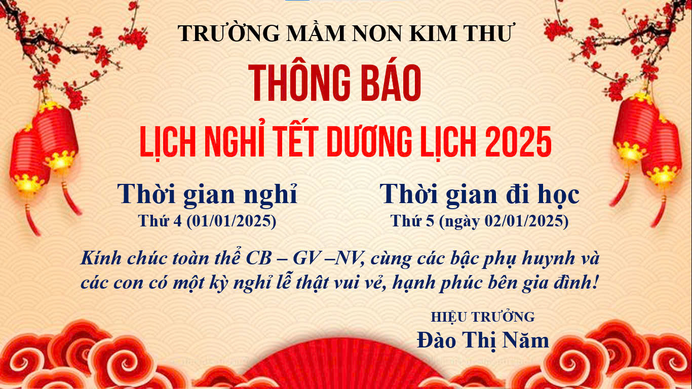 Lịch nghỉ tết dương lịch 2025 - Trường MN Kim Thư