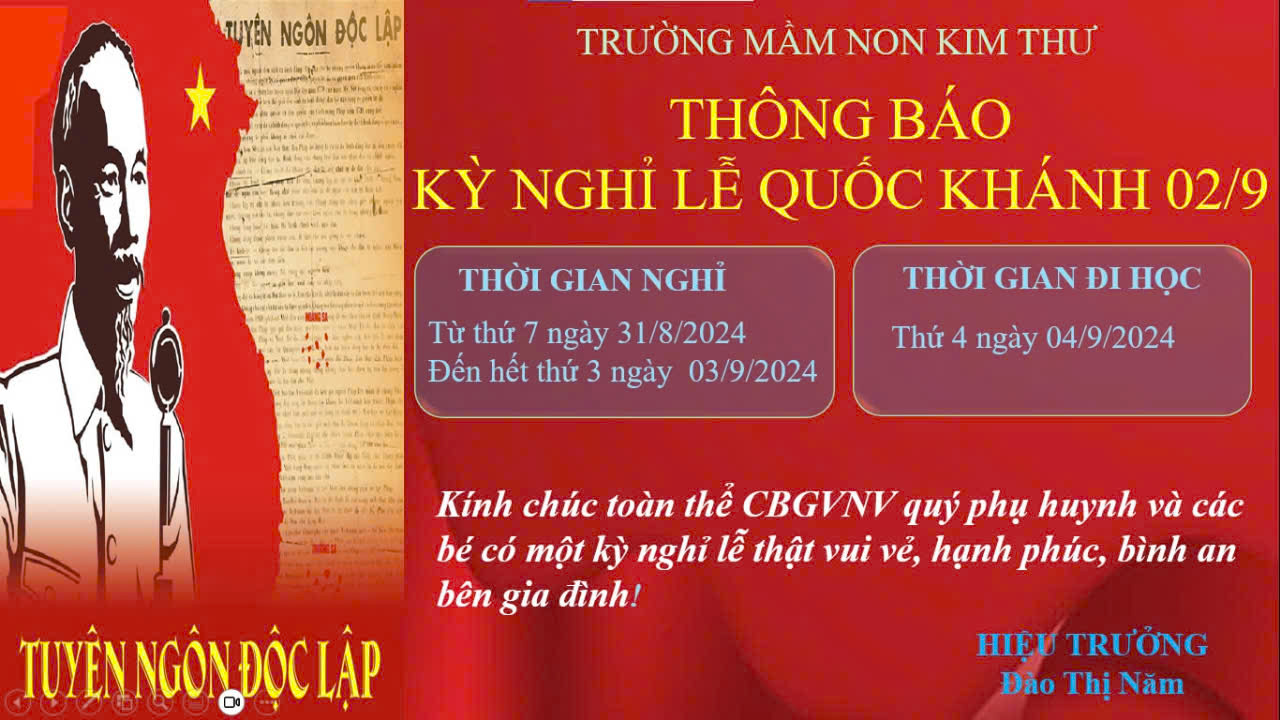 Trường MN Kim Thư trân trọng thông báo lịch nghỉ Quốc khánh 02/9